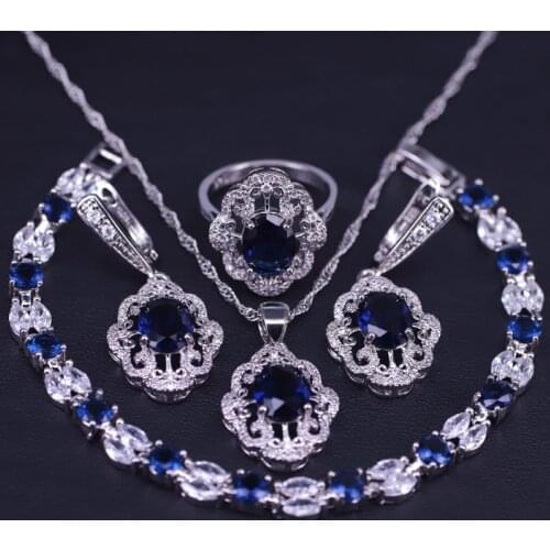 Original Design silver color Jewelry Marquise Bracelet Ring Earrings Ring Set For Women Blue Stone Jewelry Set