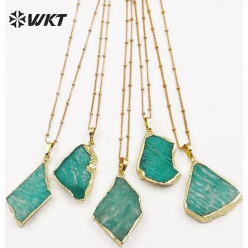 WT-N1136 Irregular Shape Natural Amazonite Stone With Gold Bezel Pendant 18''Inch Long Gold Layer Necklace Women Mineral Jewelry