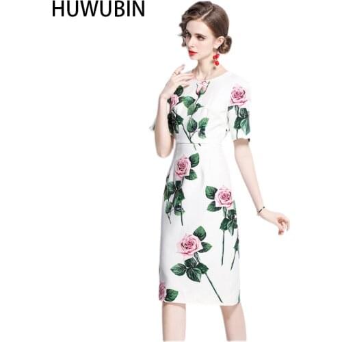 2021 Summer New Womens Dress Chic Round Neck Short Sleeve Slim Medium Length Elegant Rose Print Avant-Garde Fashion Dress