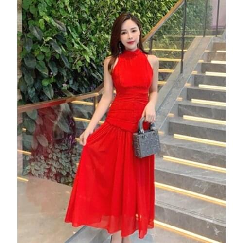 DALMAZZO 2021 New Fashion Designer Red Chiffon Summer Long Dresses Women Stand Collar Sleeveless High Waist Holiday Vestidos