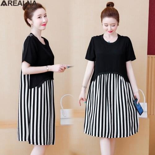 Dresses for women 2021 Summer stripe Splice black Shirt Dress Women plus size Vintage loose short Sleeve Elegant woman Dress 5XL