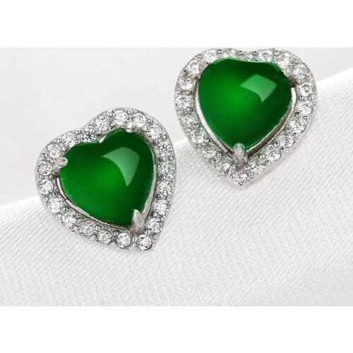 Emerald Silver S925 Jewelry Stud Earrings for Women Heart Simple Crown Jade Earrings Fine Valentine 925 Jewelry for Women
