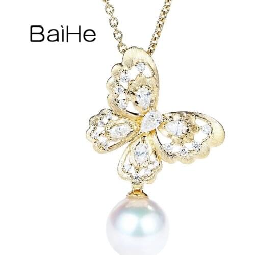 BAIHE Solid 18K Yellow Gold 9-9.5mm Freshwater pearl Pendant 0.44ct Natural Diamonds trendy Fine Jewelry butterfly Pendant Women