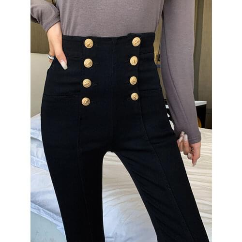 Fashion womens trousers 2020 autumn new high-elastic double-breasted tight-fitting high-waisted slimming pants Womens pants