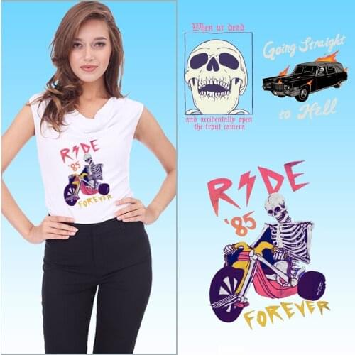 Skull Skeleton Car Heat-sensitive patches Ironing stickers Heat Transfer PVC Patch Vinyl Sticker For Clothes DIY Appliques