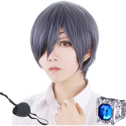 Black Butler Kuroshitsuji Ciel Phantomhive Short Mixed Gray Blue Heat Resistant Cosplay Costume Wig + Eyepatch Eye Patch + Ring