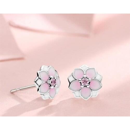 Season Gate 925 Sterling Silver Elegant Sweet Pink Flowers Cherry Blossoms Fashion Earrings for Women Girls Jewelry Gift SE055