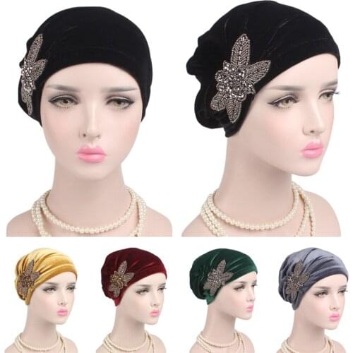 India Velvet Cap Women Muslim Beanie Bonnet Turban Chemo Cap Beads Flower Headscarf Hair Loss Headwrap Cancer Hat Islam Headwear