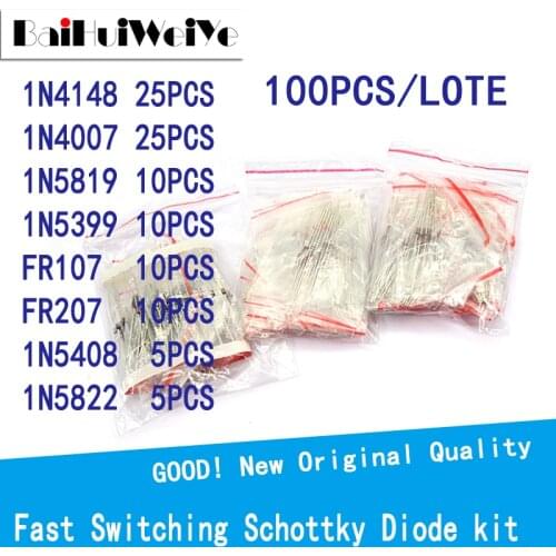 100PCS/LOTE Fast Switching Schottky Diode Kit Set 8values=100PCS 1N4148 1N4007 1N5819 1N5399 FR107 FR207 1N5408 1N5822