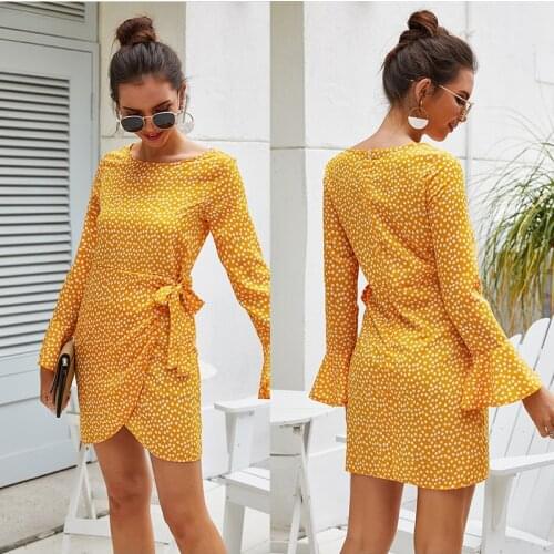 Summer Elegant Mini Bodycon Dress Women Long Sleeve Bandage High Waist Sundress Evening Party Night Pencil Dot Dress Tunic Robe