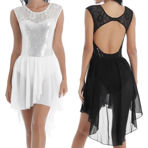 Summer Sequin Dress Women Glitter Asymmetric Hem Dance Dress Dancing Competition Costume Party Lace Patchwork Sleeveless Ladies