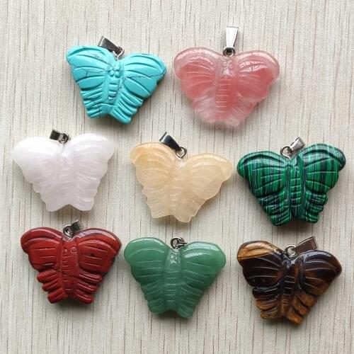 Fashion hot sell mixed natural stone pendulums carving butterfly charm pendants fit Necklace jewelry making 8pcs/lot wholesale