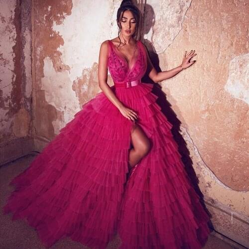 Fashion Rose Red Evening Dresses 2021 Deep V-Neck Sleeveless Split Floor Length Formal Party Dress Evening Gowns