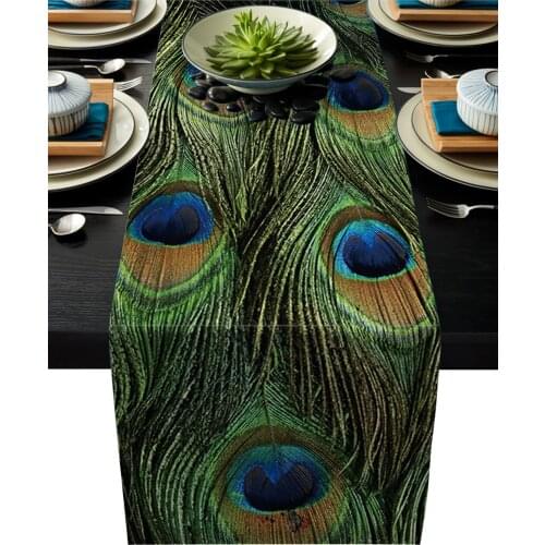 Green Animal Peacock Feather Table Runner Wedding Party Table Runners Placemat Coasters Dining Room Home Kitchen Table Gadget