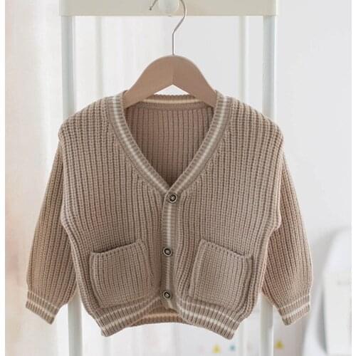 Boys V-neck Solid Color Cardigan Coat Long-sleeved Soild Childrens Sweater For Girls Knitted Sweater Baby Clothes Suit 1-5 Years