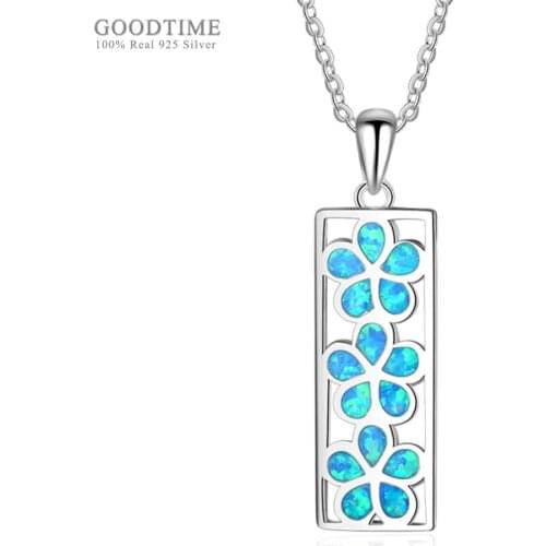 Fashion 925 Sterling Silver Fine Jewelry Blue Opal Flower Pendant Necklaces For Women Anniversary Silver 925 Jewelry Accessories