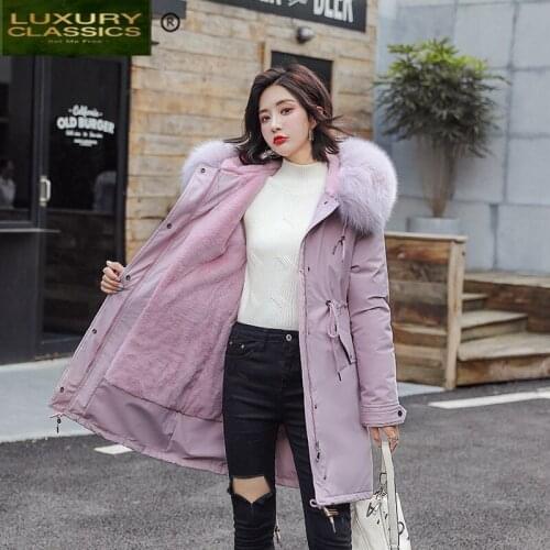 Coat Parka Women Winter Clothes 2021 Korean Padded Warm Wool Liner Long Jacket Large Fur Hooded Casaco Feminino Hiver 811