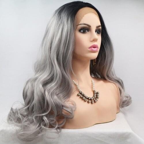 Dark Roots Grey Color Long Body Wave Synthetic Hair Lace Front Wig Gold Natural Hairline Daily Lace Frontal Wigs For Black Women