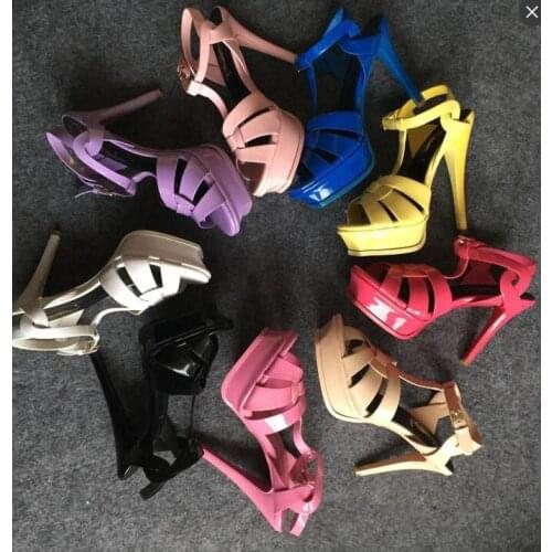 Brand woman candy color patent leather high heel platform sandal 14CM heel woman open toe T strap candy color platform sandal
