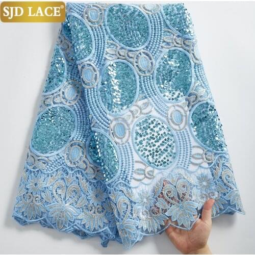 SJD LACE 5Yards African Lace Fabric With Sequins French Tulle Lace Fabric High Quality Soft Milk Silk For Wedding Dress SewA2300