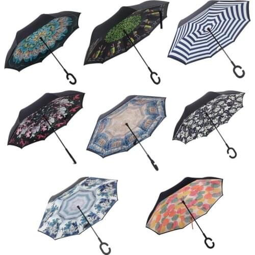 Folding Reverse Waterproof Straight Umbrella Windproof Rain Car Umbrellas For Women Kitchen