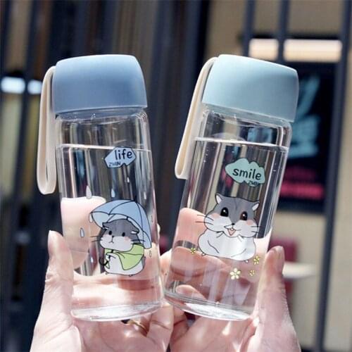 Heat-resistant Glass Cute Hamster Portable Fashion Water Bottle with Rope Creative Summer Leak-proof Small Tea Cup Drinkware