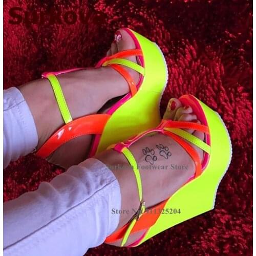 Surkova Neon Yellow Wedge Heel Sandals Orange Pink Patent Leather Patchwork Wedding Shoes Real Photo T-bar Banquet Pumps Size46