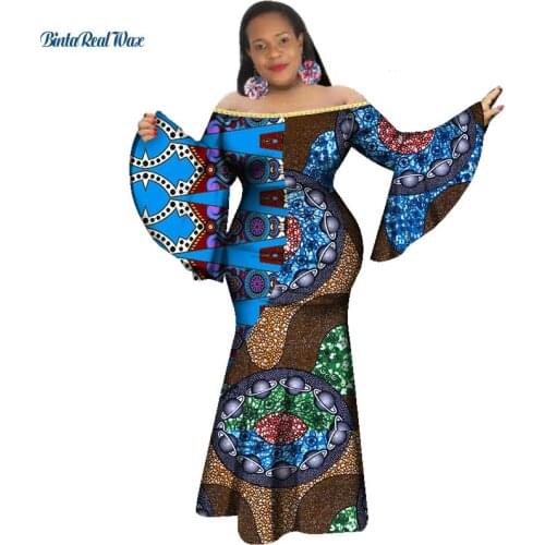Stock Size 2XL New African Print Dresses for Women Rivet Patchwork Ruffle Sleeve Dress Party African Clothing WY3339