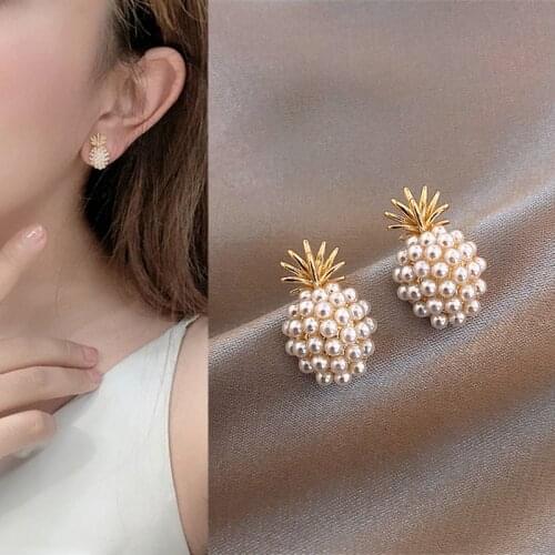 Funny Cute Metal Pearl Pineapple Stud Earrings for Women Girls Teens Korean Fruit Ear Jewelry Earrings 2021 Trend New Arrival