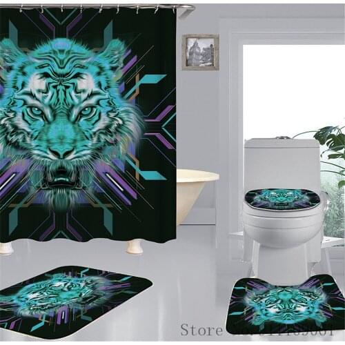 3D Tiger Series Digital Printing Shower Curtain Waterproof and Mildewproof Bathroom Partition Curtain Non-slip Bath Toilet Mats