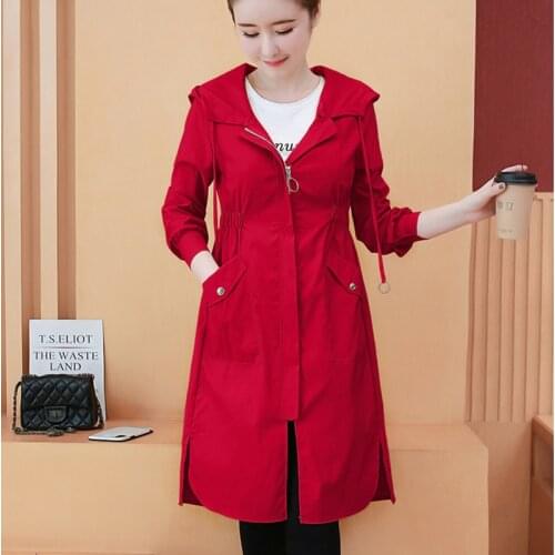 #6000 Spring Autumn Hooded Trench Coat For Women Slim Cotton Thin Windbreaker Ladies Windbreaker Side Split Long Coat Woman