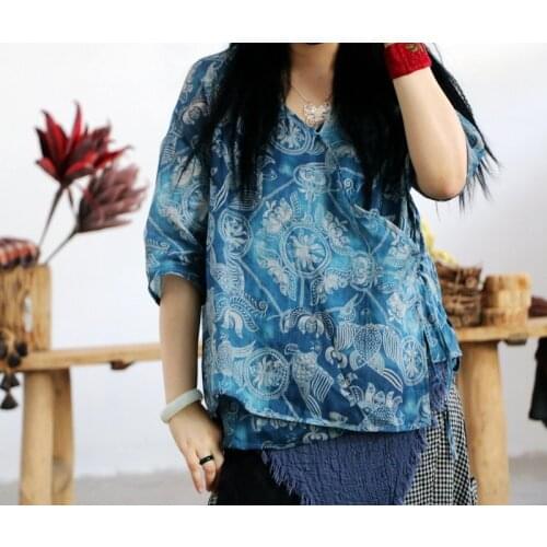 Women Printed Ramie Retro Shirt Jackets Tops Female Irregular Length Vintage Loose Thin Coat Summer Blue Outwear Tops 2019