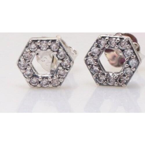 925 Sterling Silver Shiny Hexagon Honeycomb Zircon Inlaid Square Earrings For Women Original Fine Jewelry Gift