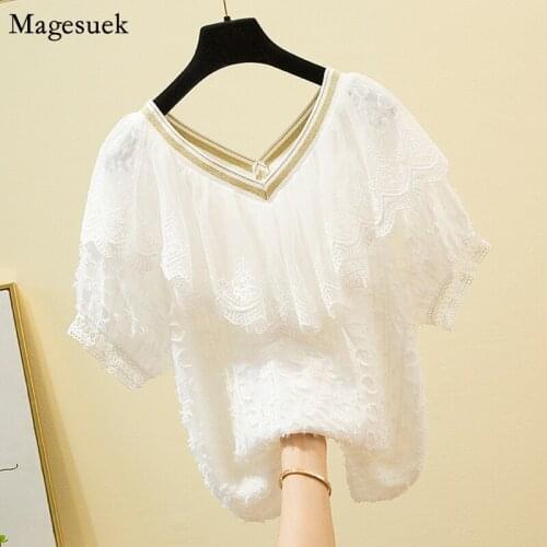 Summer Mesh Lace White Chiffon Shirts Woman Plus Size L-4XL Womens Clothing 2021 Fashion V-neck Casual Blouses Loose Tops 14208