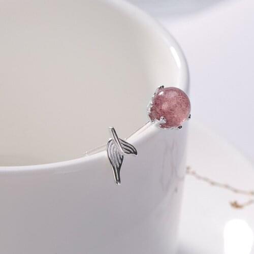 925 sterling silver natural strawberry quartz pink crystal simple temperamental all-match asymmetric womens stud earrings