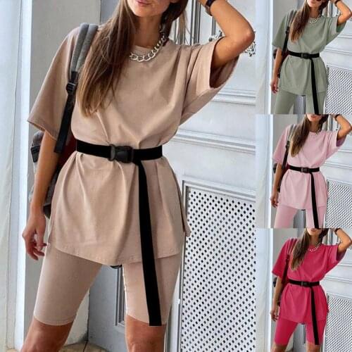 Women Half Sleeve T-shirt Top Shorts Belt Homewear Two Pieces Suit Leisure Set
