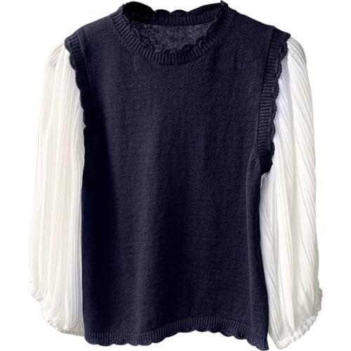 2021 Early Autumn Winter Ladies Three Lantern Sleeve Fashion Pullover Top Women Linen Stitching Crocheted Knitted Sweater