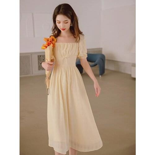 Womens Sexy Square Collar Ladies Elegant Puff Sleeve Dress Summer 2021 French Gentle Wind Mid-length Temperament Maxi Dress