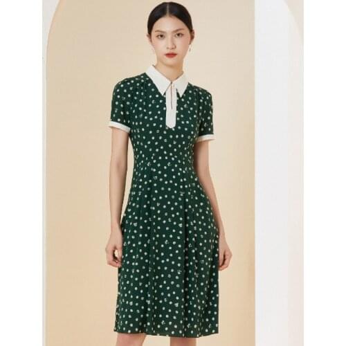 Gowani Vintage Retro Green Dots Printed Real Silk A-line Shirt Dress Women Elegant Cute Casual Date Party Wear High Quality