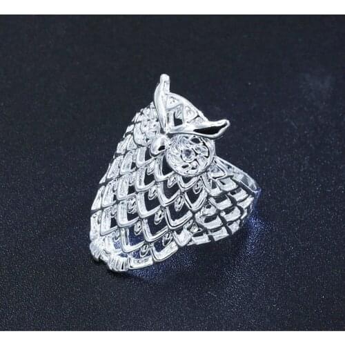 Animail Plata plated Cute Owl Stackable Hollow Finger Ring for Woman Wedding Engagement Party Vintage Jewelry size 5-9