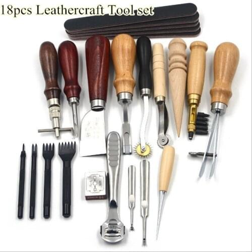 18pcs Leather Craft Tool Kit Basic DIY Handmade Stitching Edger Trench Device Belt Puncher Sewing Saddle Groover Free Shipping