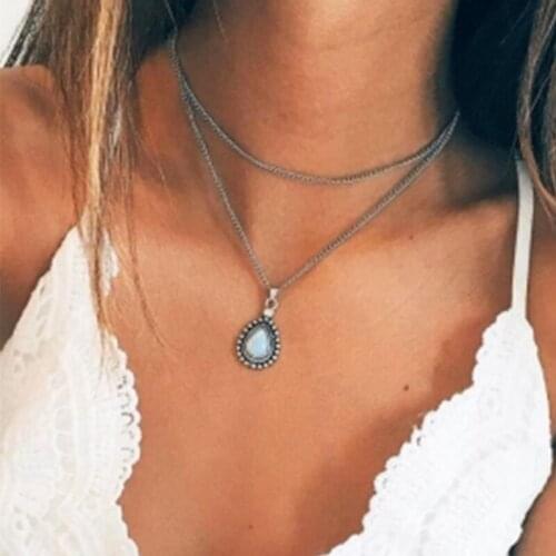 2018 Bohemian Style Drop Crystal Pendant Double Layer Necklace For Women Silver Necklace
