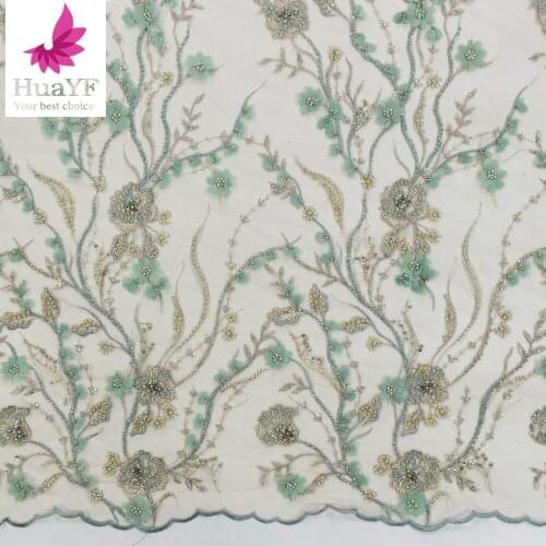 3D Green Flower French Tulle Lace With Crystal Fashion HandWork Beads Dress Fabric HY1353