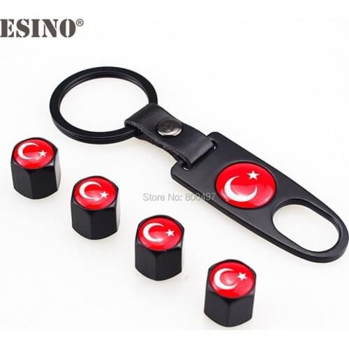 4 x Car Stainless Steel Zinc Alloy Wheel Tire Valve Stems Caps Turkey National Flag Universal With Mini Wrench Key Chain
