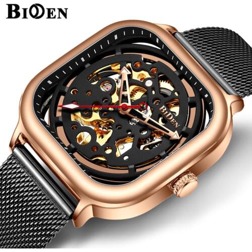 BIDEN Square Automatic Mechanical Watch Men Black Rose Gold Mesh Steel Strap Skeleton Dial Mens Watches Top Brand Luxury Clock