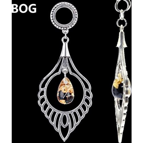 BOG-PAIR stainless steel Vintage gold foil pendant Ear Weight Dangle Ear Tunnel Plug Ear Gauge 8-16mm Piercing body jewelry