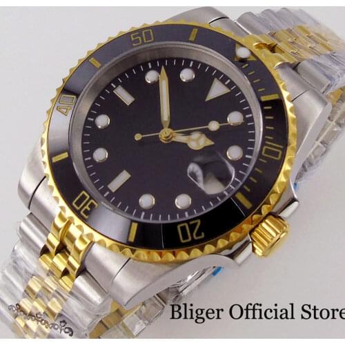 BLIGER 24 Jewels NH35A Two Tone Gold 40mm Automatic Men Watch Jubilee Bracelet Gold Hand See-through Glass Back