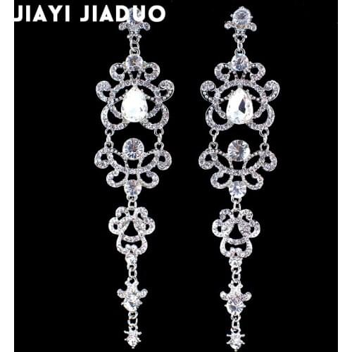 Jiayijiaudo Crystal Chandelier Long Earrings Silver Color Rhinestone Big Hanging Dangle Earrings Wedding Engagement Jewelry