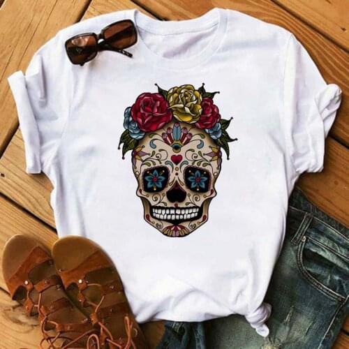 Funny Cartoon Kawaii Skull Floral Printed Tshirt Women Aesthetic Grunge Graphic T-shirt Cute Harajuku Tshirt 90s Ullzang Top Tee