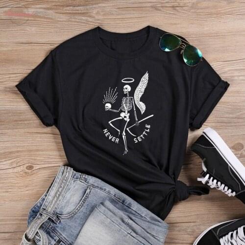 Gothic never settle Skeleton t-shirt funny women 100% Cotton tumblr grunge casual Fashion quote graphic unisex tee top tshirt